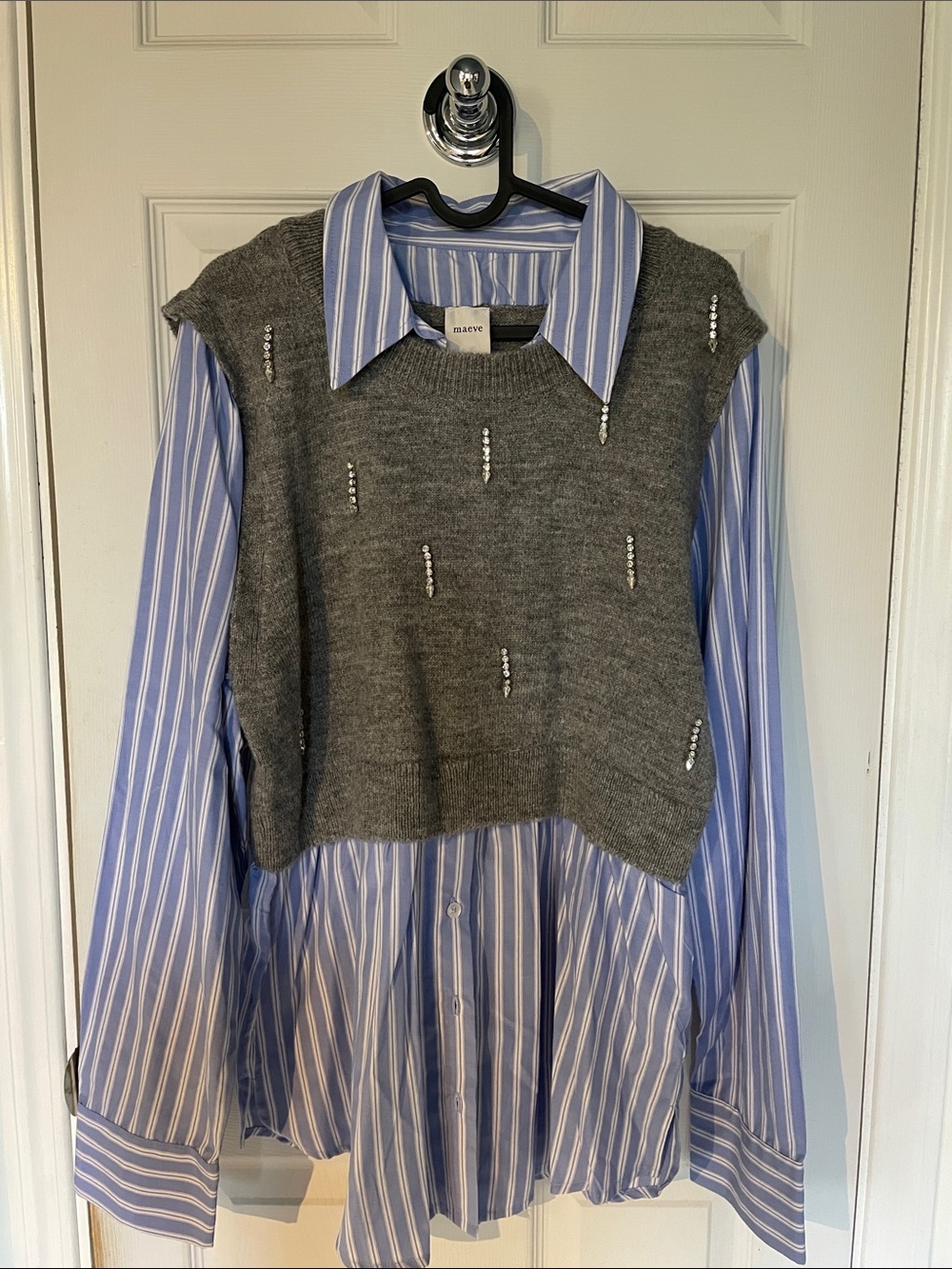 Anthropologie Gray Embellished Knit Vest Over Blue Striped Shirt